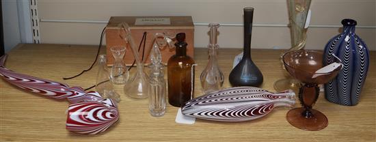 A collection of decorative glassware, including a Nailsea swirled pipe, flask and vase,